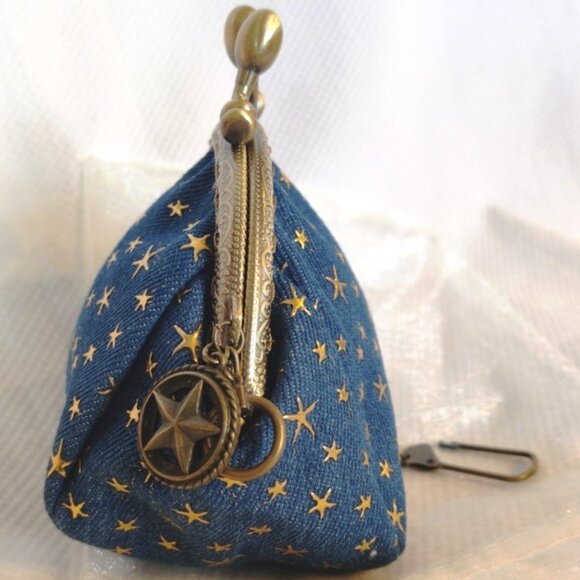 Gold Embossed Star Kiss Lock Coin Purse Key Chain Bag Charm in Blue Denim NEW - Picture 3 of 9
